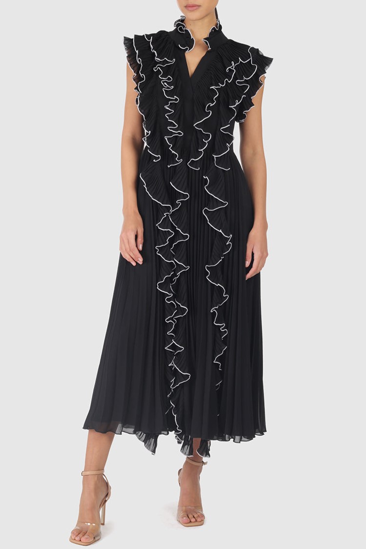 V-Neck Frill Sleeveless Solid Midi Dress