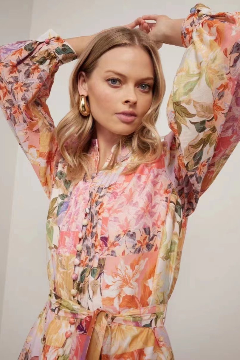 Floral Pleat Single Breasted Lantern Sleeve Mini Dress With Belt