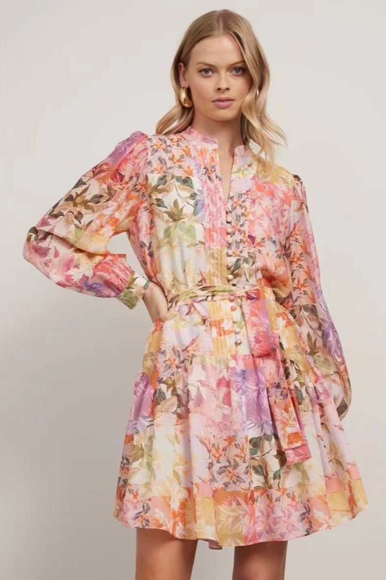 Floral Pleat Single Breasted Lantern Sleeve Mini Dress With Belt