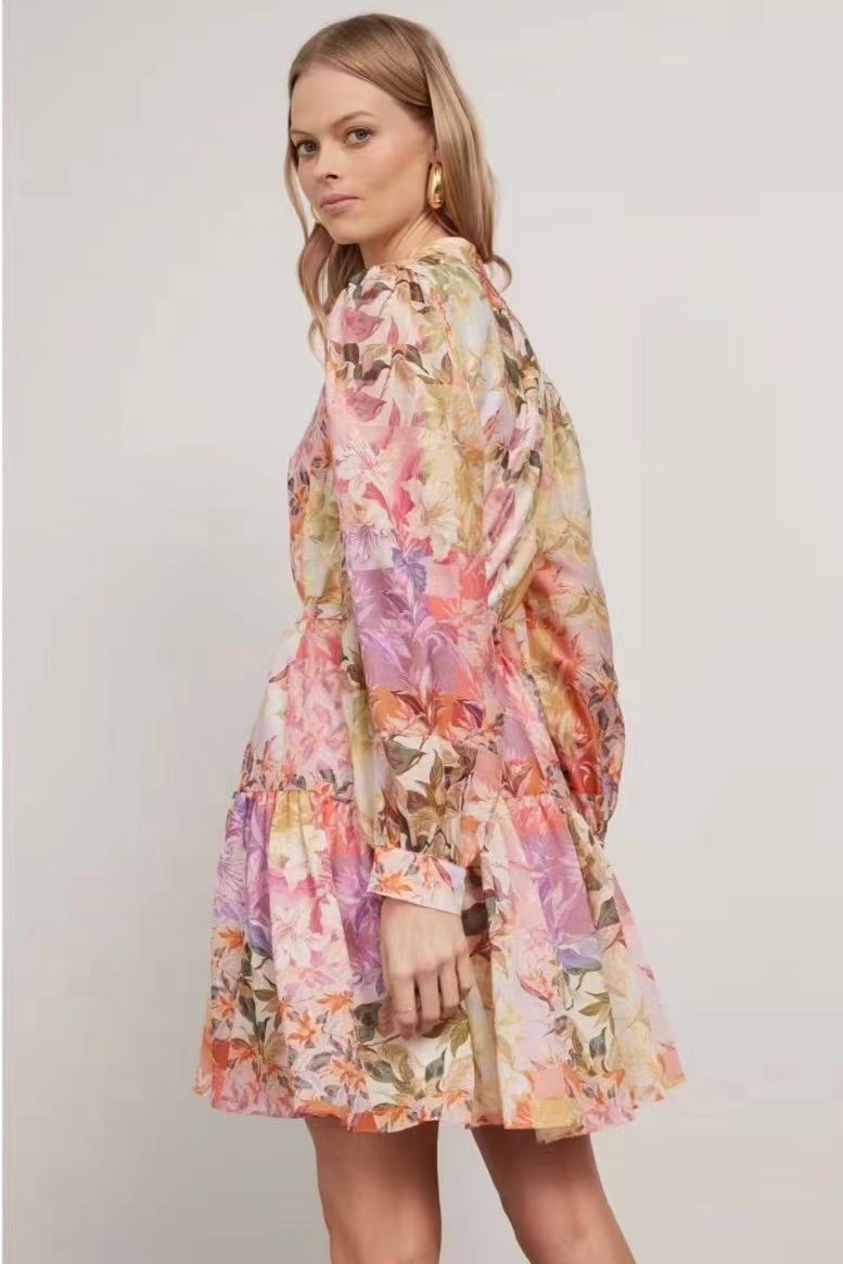 Floral Pleat Single Breasted Lantern Sleeve Mini Dress With Belt