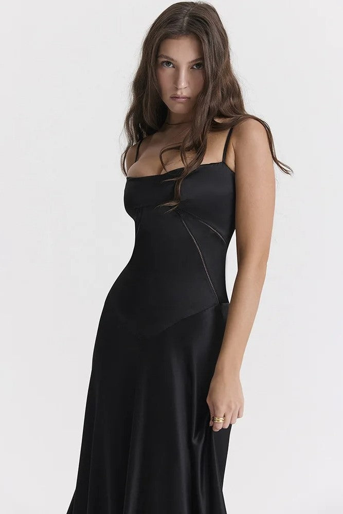 Satin Solid Lace Up Maxi Dress