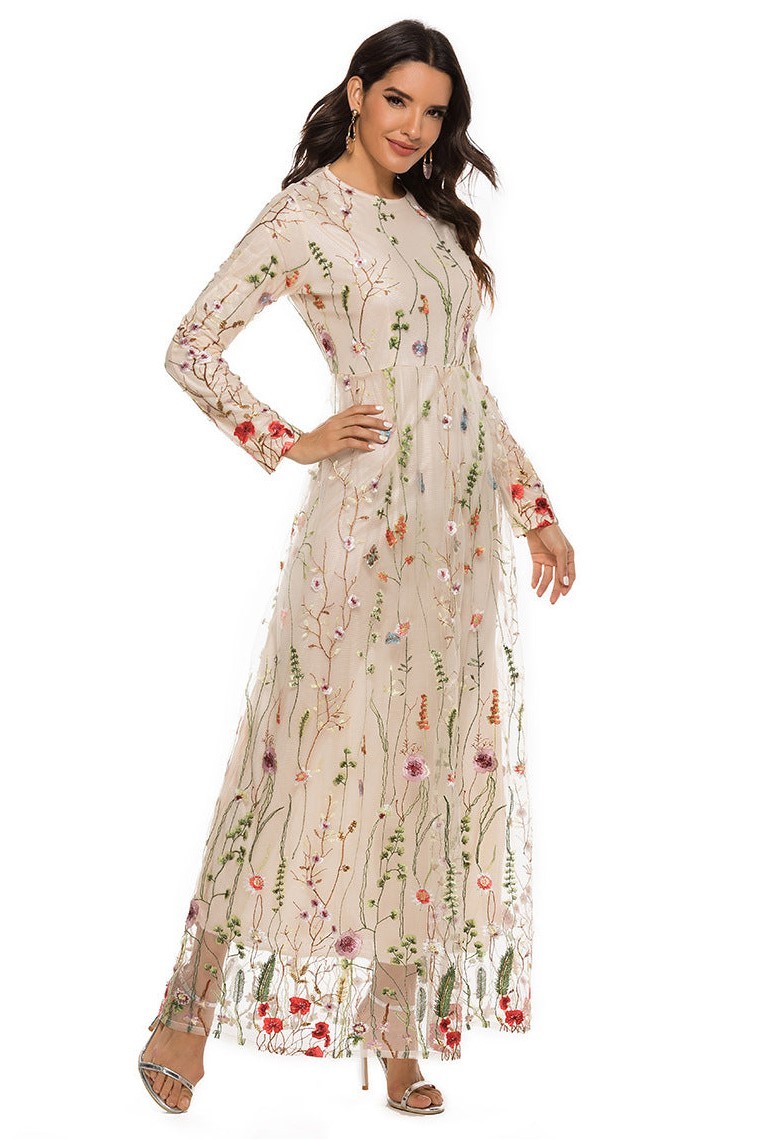 Embroidered Round Neck Long Sleeve Maxi Dress