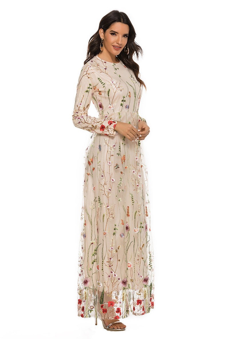 Embroidered Round Neck Long Sleeve Maxi Dress