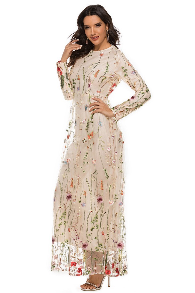 Embroidered Round Neck Long Sleeve Maxi Dress