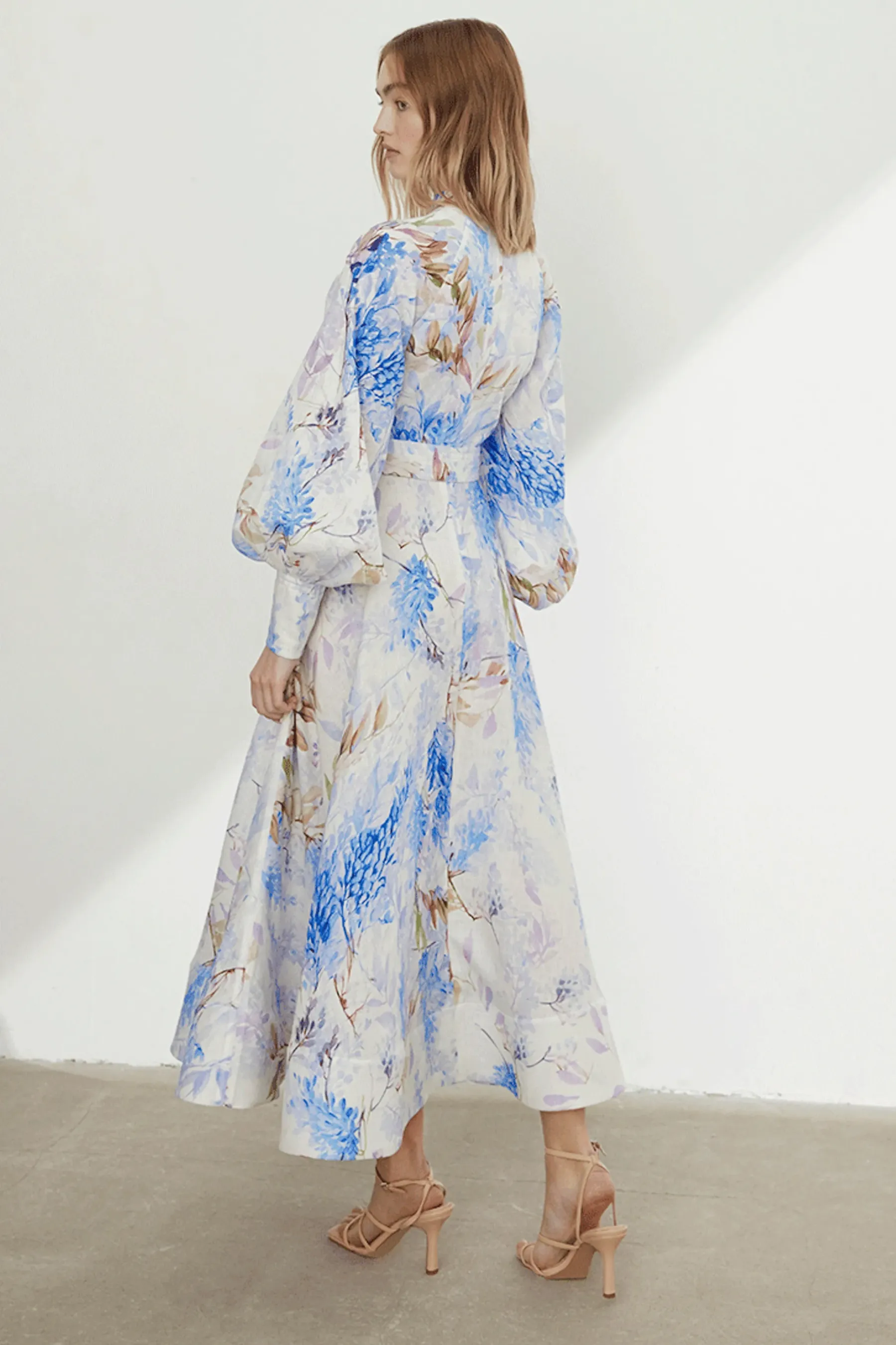 Floral Button Lantern Sleeve Midi Dress