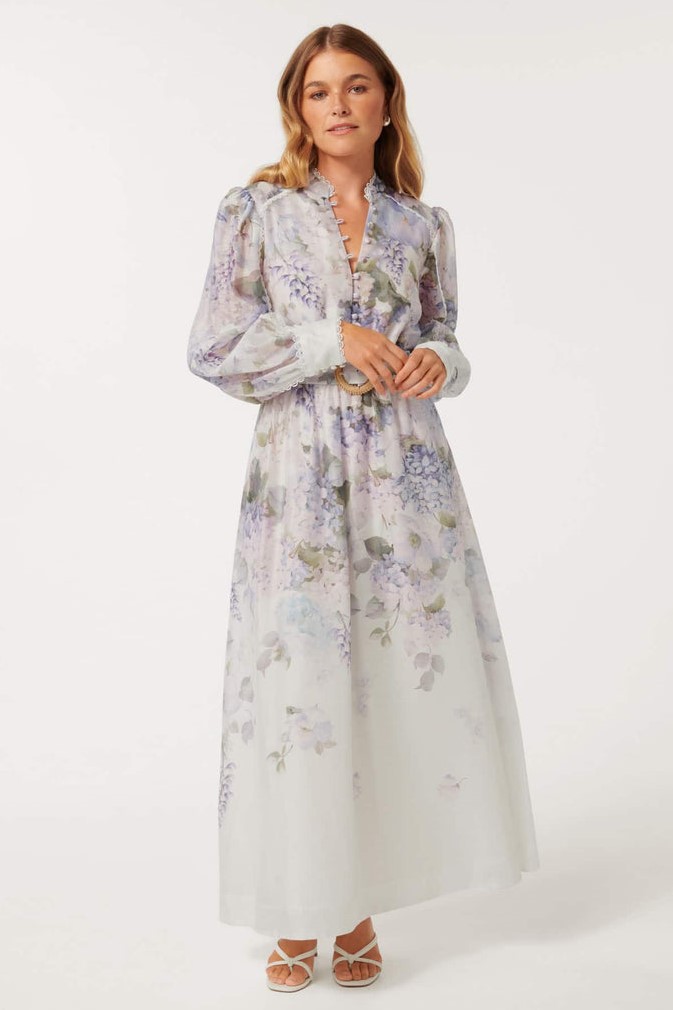 Floral Button Long Sleeve Maxi Dress With Belt