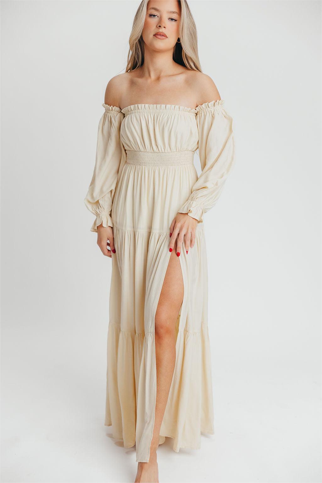 Off-Shoulder Smocking Long Sleeve Split Midi Dress
