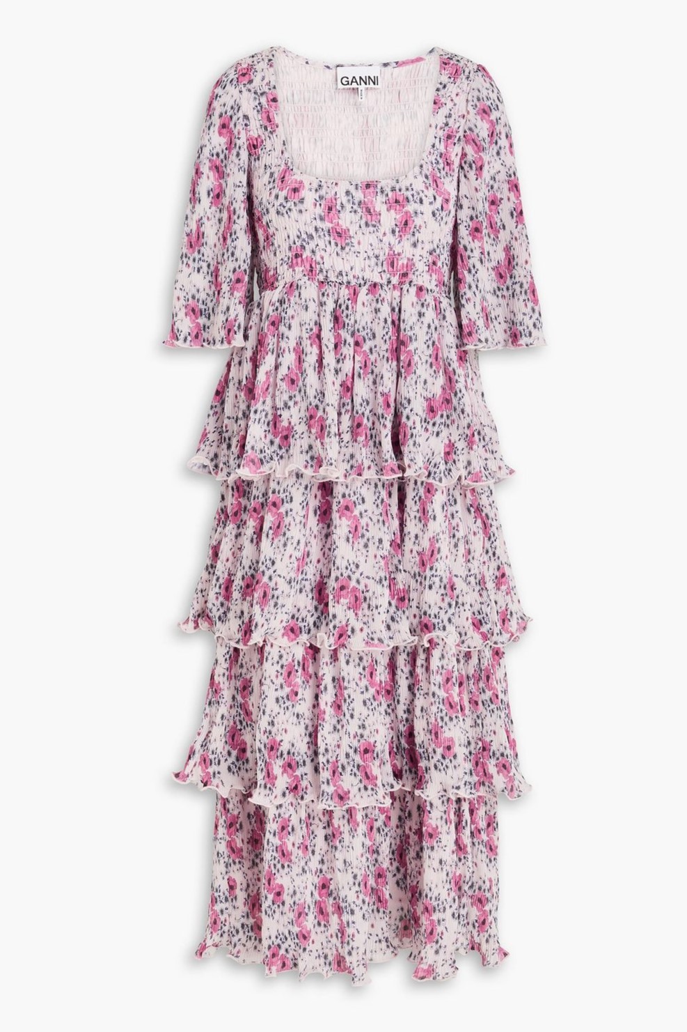 Floral Mid Sleeve Square Collar Midi Dress
