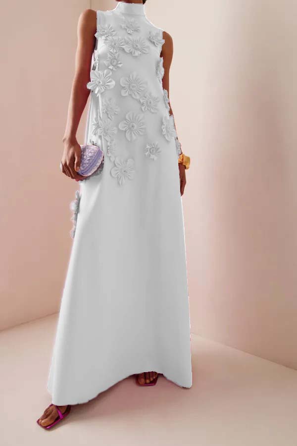 3D Floral High Neck Sleeveless Maxi Dress White