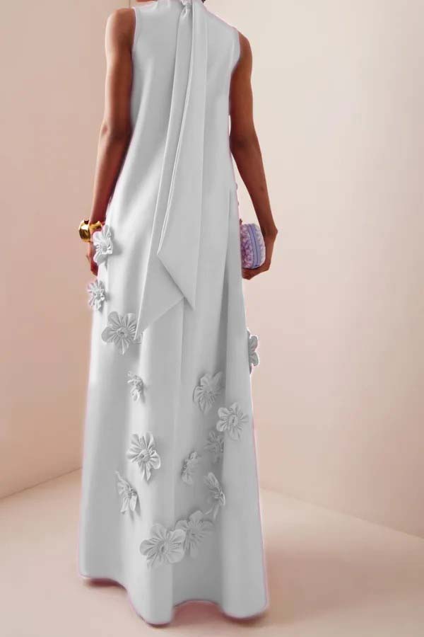 3D Floral High Neck Sleeveless Maxi Dress White