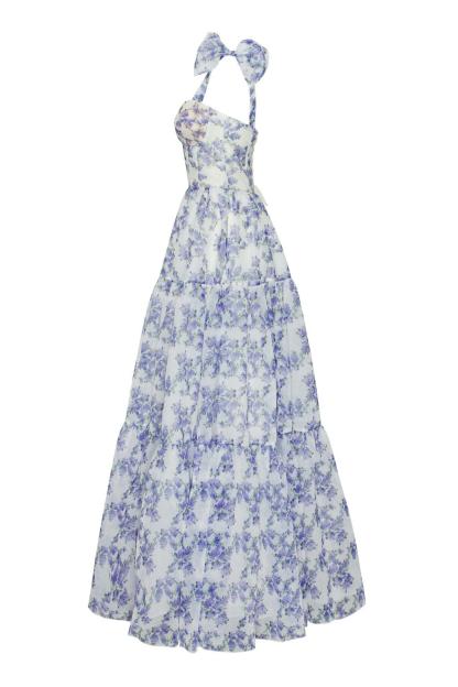 Floral Sweetheart Neck Frill Maxi Dress