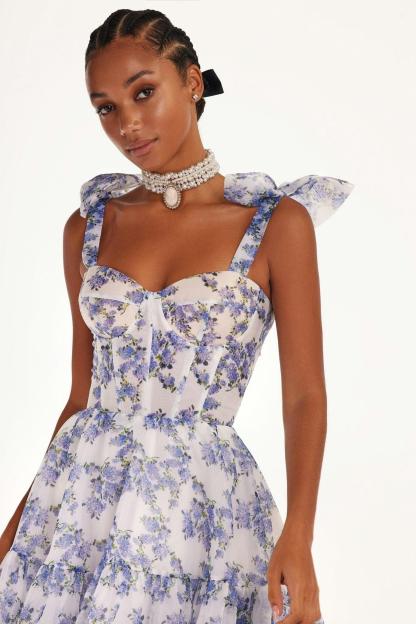 Floral Sweetheart Neck Frill Maxi Dress