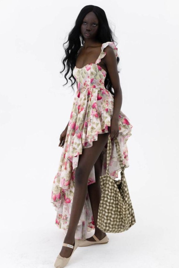 Floral Sweetheart Neck Frill Midi Dress