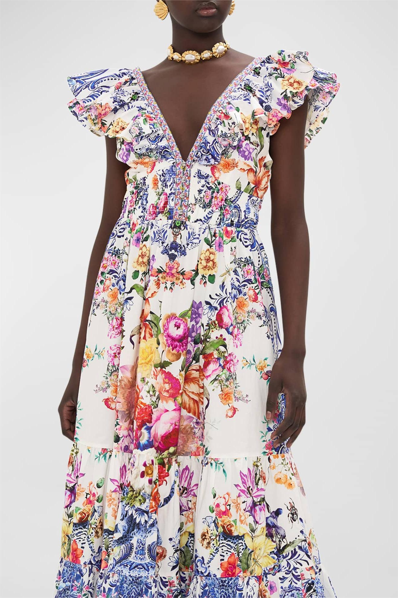 Floral Frill V-Neck Sleeveless Smocking Maxi Dress