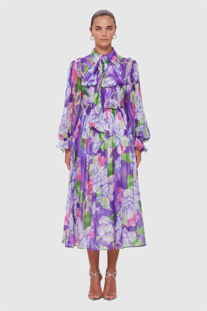 Floral Lantern Sleeve Lace-Up Midi Dress