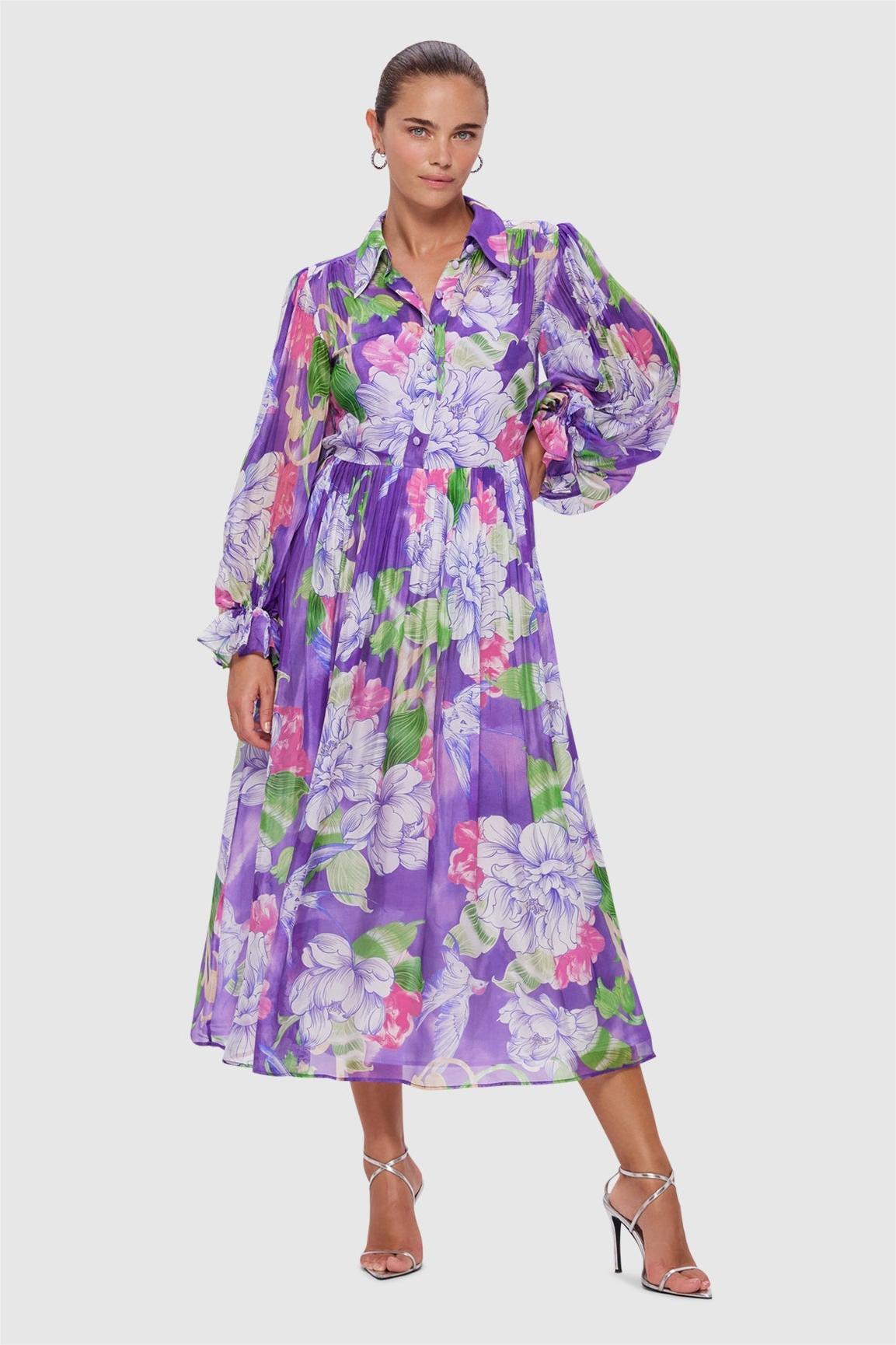 Floral Lantern Sleeve Lace-Up Midi Dress