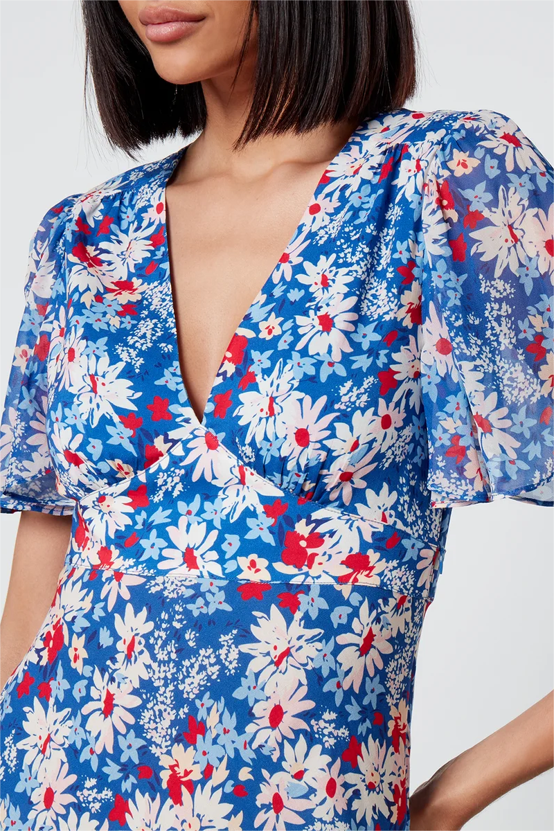 Floral V-Neck Lace-Up Midi Dress