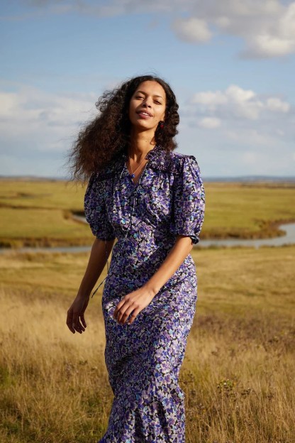 Floral Puff-Sleeve Lace-Up Frill Midi Dress