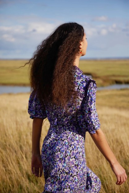 Floral Puff-Sleeve Lace-Up Frill Midi Dress