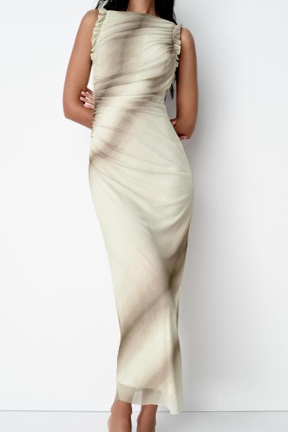 Mesh Printed Sleeveless Midi Dress