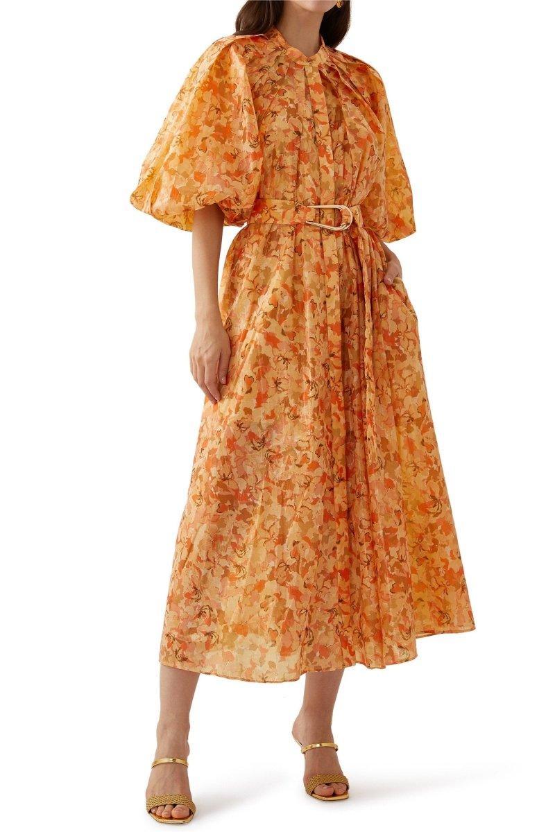 Floral Puff Sleeve Midi Dress With Belt