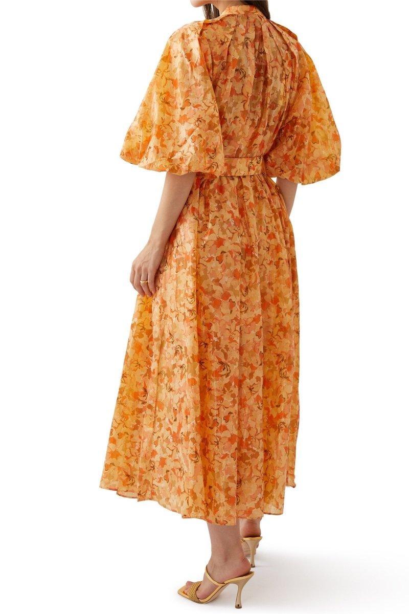 Floral Puff Sleeve Midi Dress With Belt