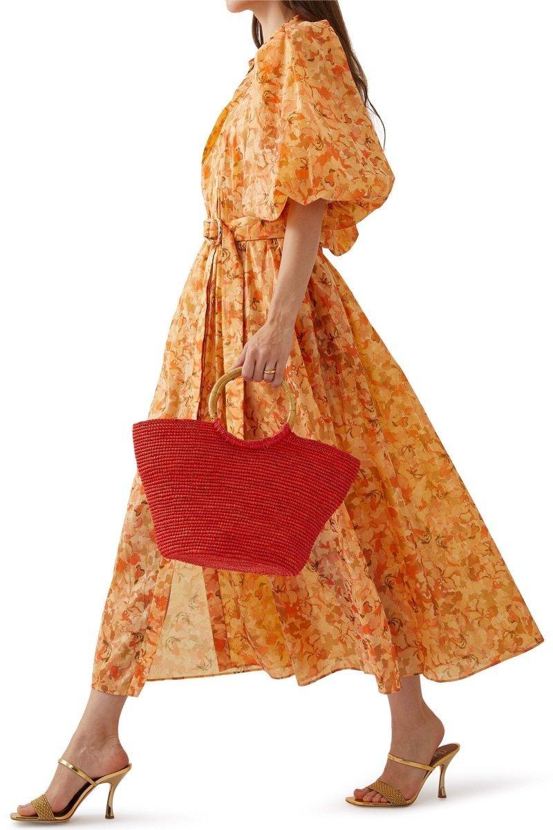 Floral Puff Sleeve Midi Dress With Belt