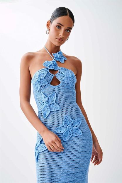 Knit 3D Floral Solid Midi Dress