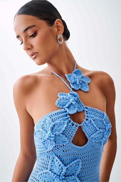 Knit 3D Floral Solid Midi Dress