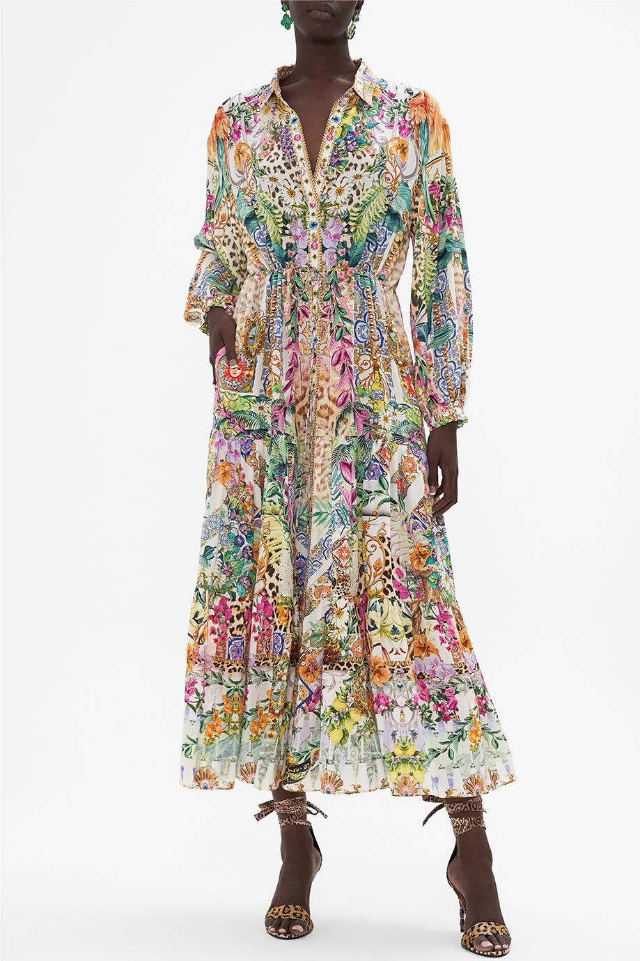 Floral Leopard Print Long Sleeve Midi Dress