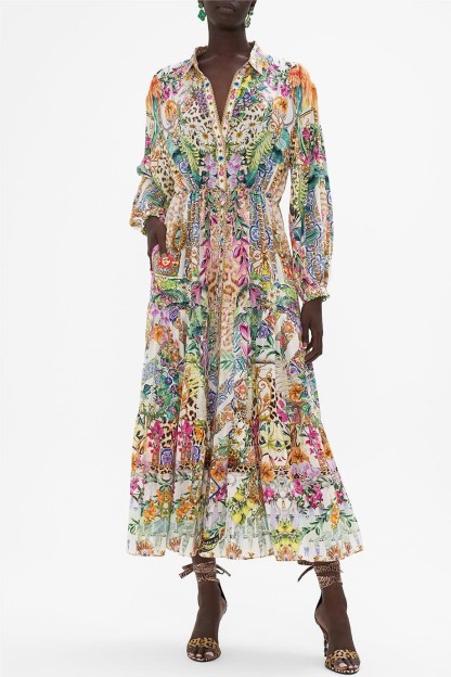 Floral Leopard Print Long Sleeve Midi Dress