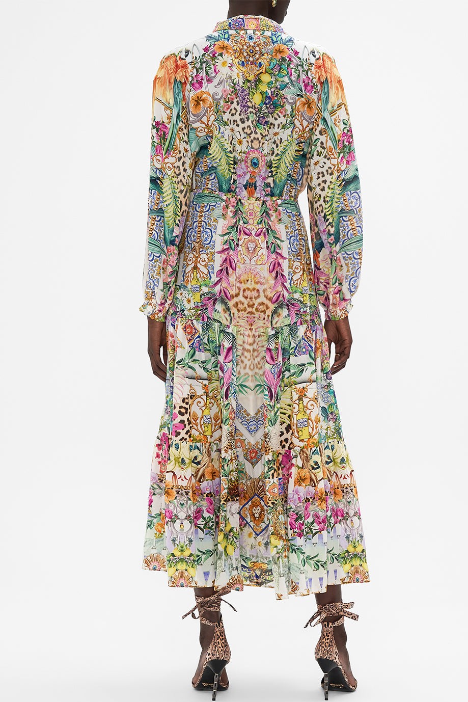 Floral Leopard Print Long Sleeve Midi Dress