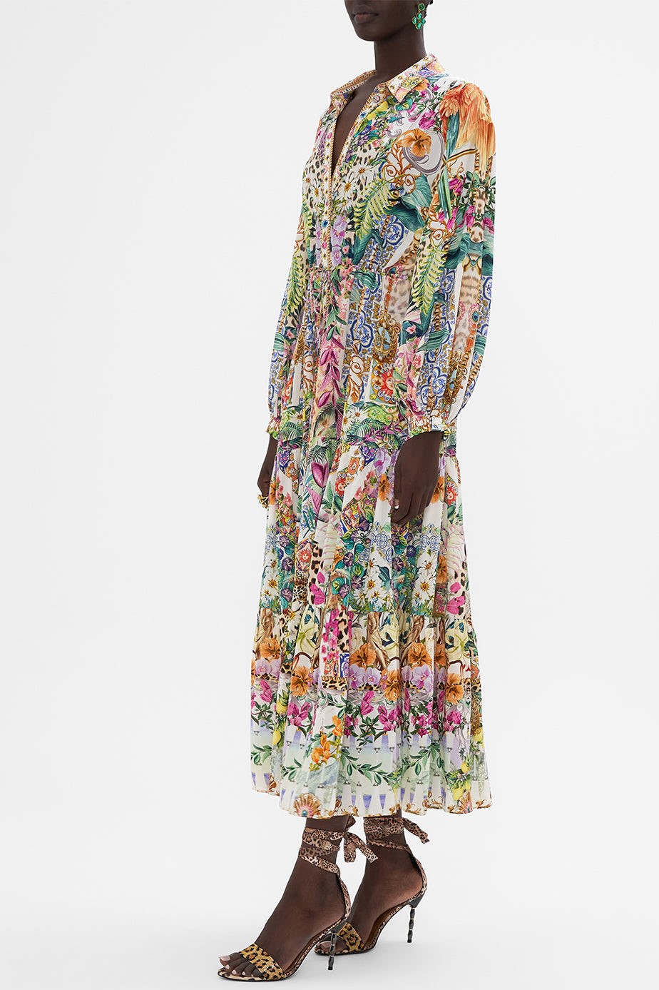 Floral Leopard Print Long Sleeve Midi Dress