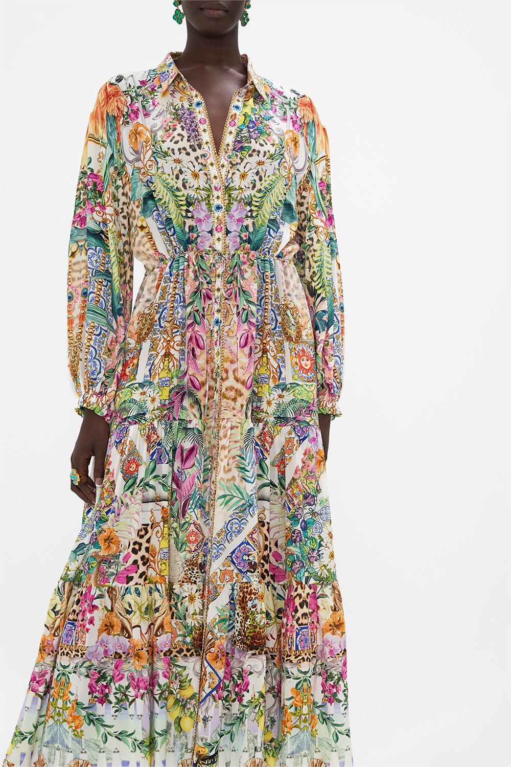 Floral Leopard Print Long Sleeve Midi Dress