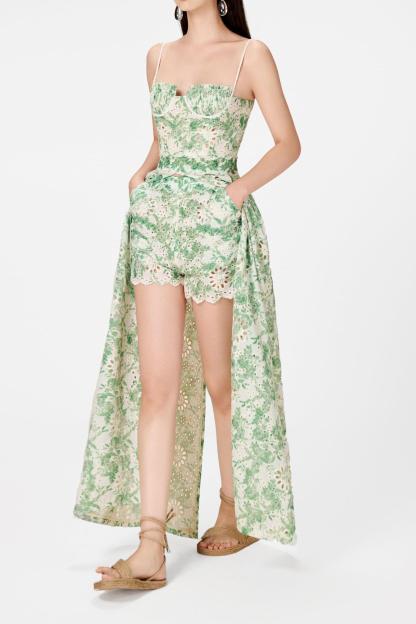 Lace Pleated Sleeveless Split Maxi Top ＆ Mid Waist Mini Pants Set
