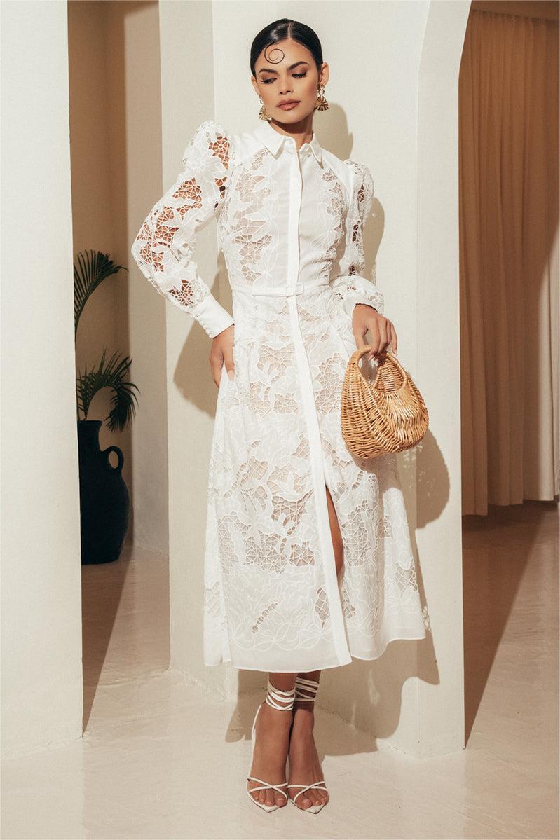 Lace Solid Lantern Sleeve Midi Dress With Belt