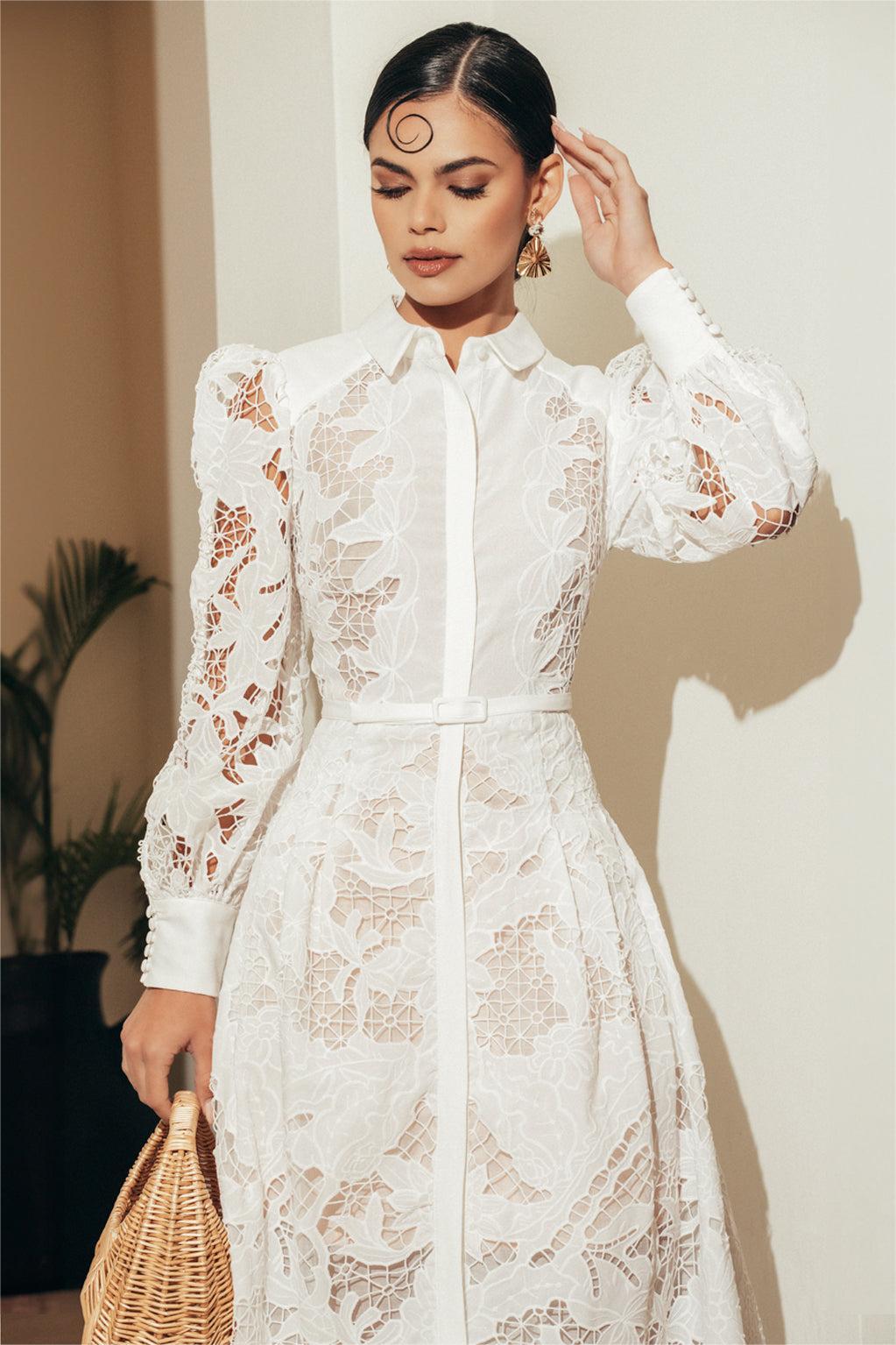 Lace Solid Lantern Sleeve Midi Dress With Belt