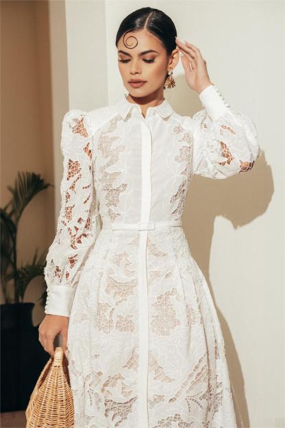 Lace Solid Lantern Sleeve Midi Dress With Belt
