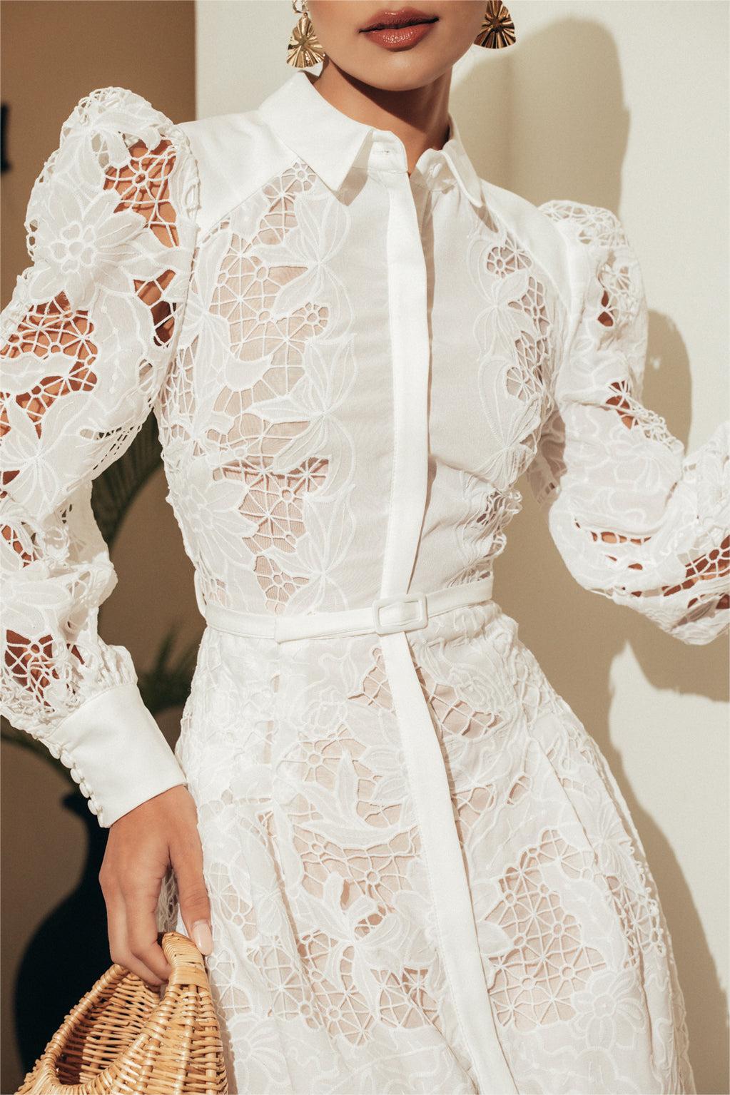 Lace Solid Lantern Sleeve Midi Dress With Belt