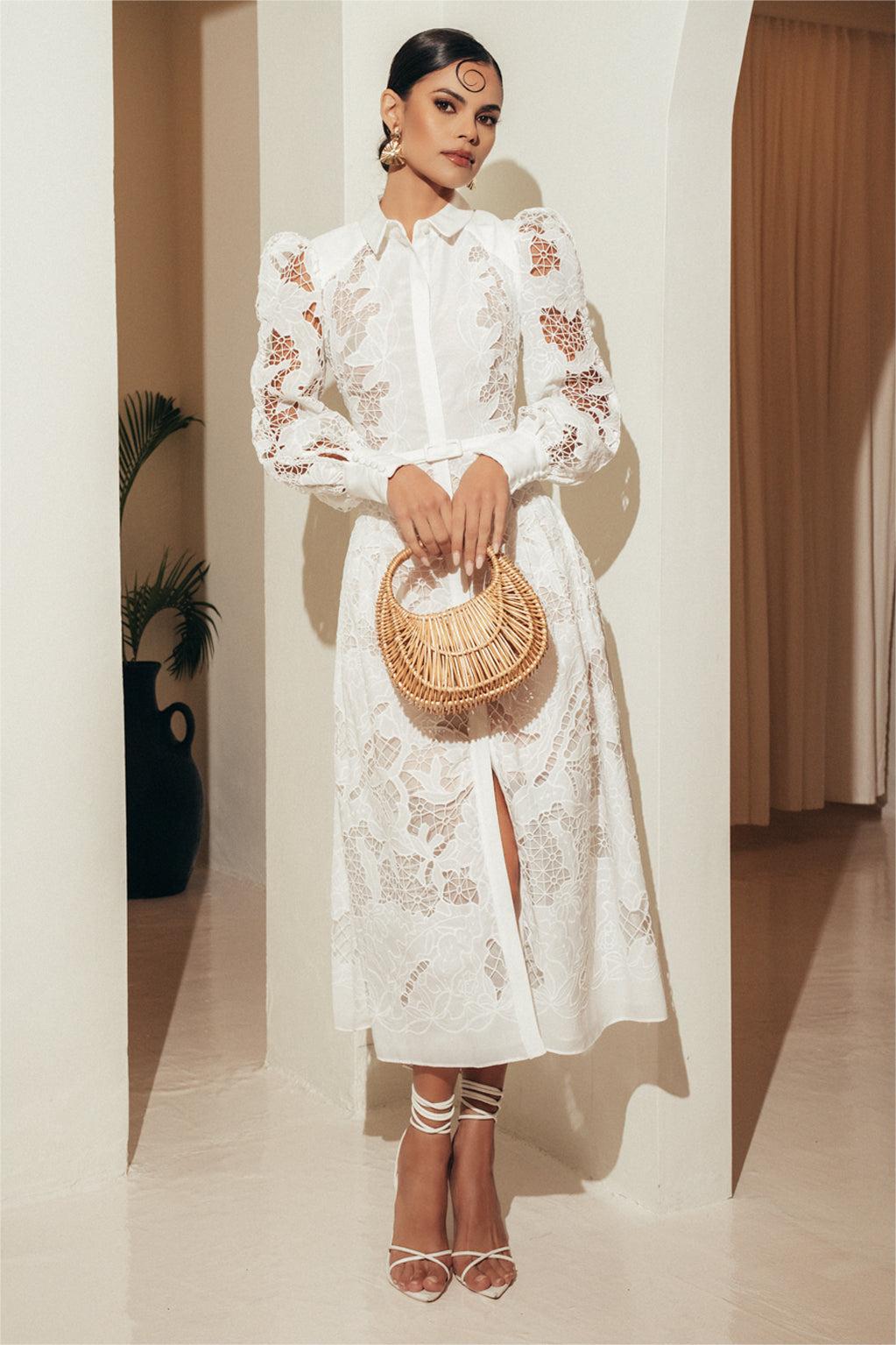 Lace Solid Lantern Sleeve Midi Dress With Belt