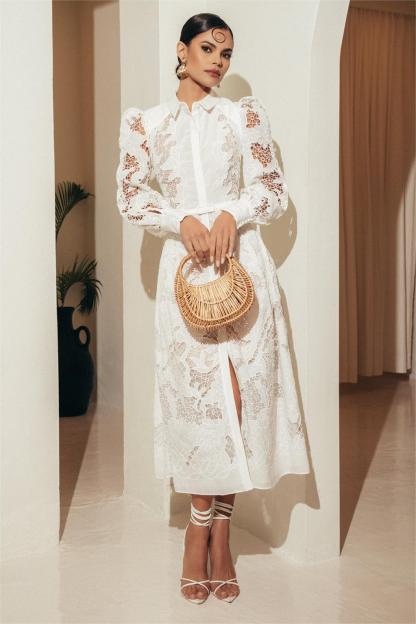 Lace Solid Lantern Sleeve Midi Dress With Belt