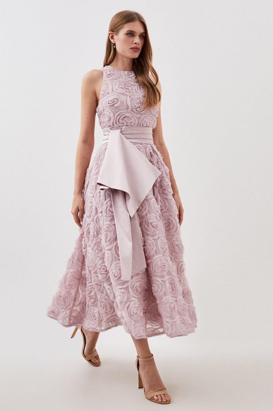 3D Floral Sleeveless Midi Dress With Belt