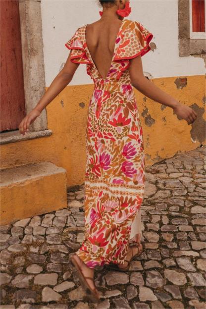Floral V-neck Split Backless Midi Dress
