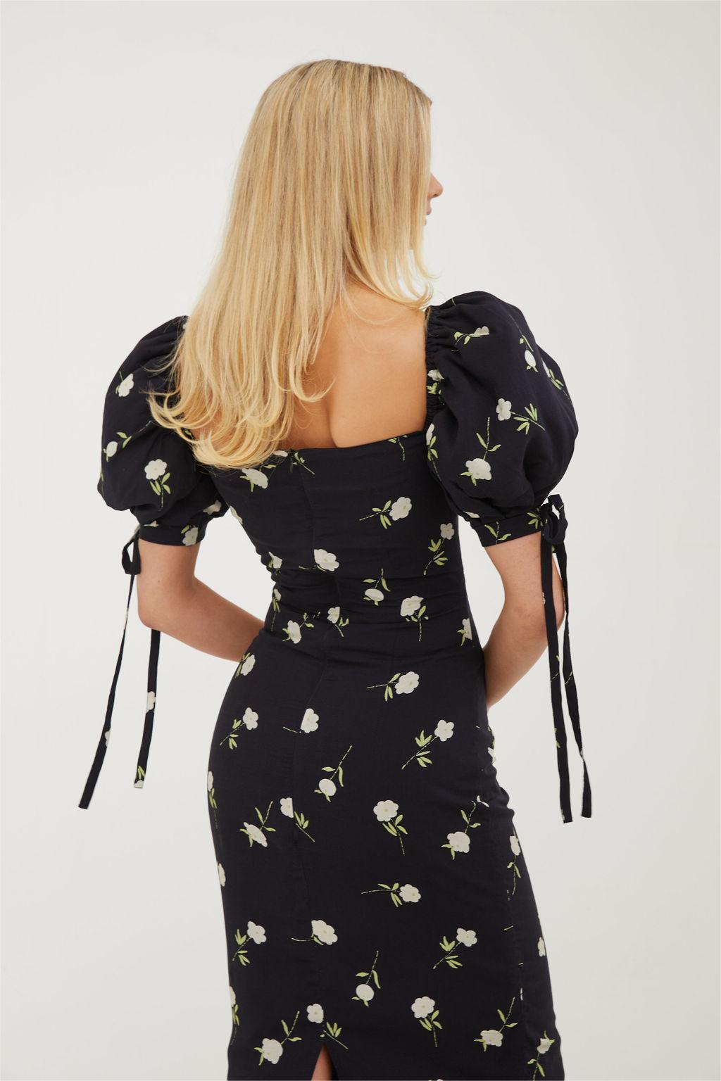 Floral Puff Sleeve Square Neck Midi Dress
