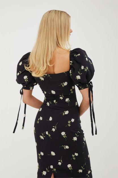 Floral Puff Sleeve Square Neck Midi Dress