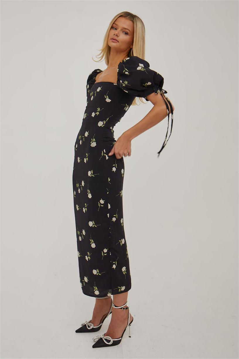 Floral Puff Sleeve Square Neck Midi Dress