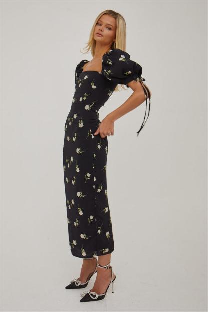 Floral Puff Sleeve Square Neck Midi Dress