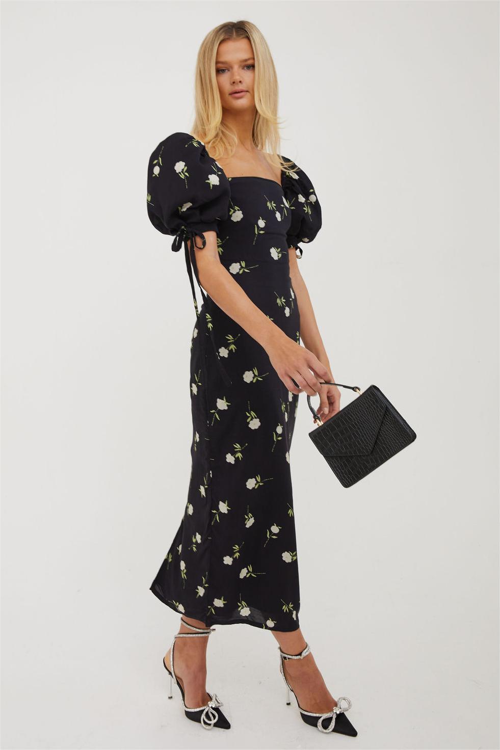 Floral Puff Sleeve Square Neck Midi Dress