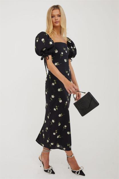 Floral Puff Sleeve Square Neck Midi Dress
