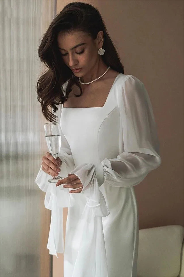Solid Square Neck Lantern Sleeve Midi Dress  JardinVue